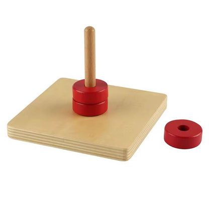 Montessori vertical dowel with removable red wooden disc for toddler hand eye coordination and motor control