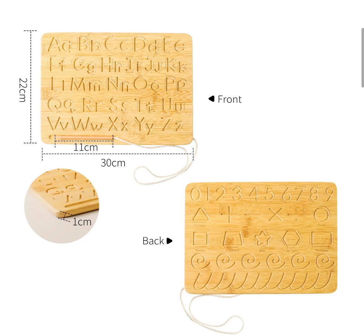 Diagram showing the front and back of a Montessori tracing board with measurements; front includes alphabet engravings and back includes numbers, shapes, and writing patterns.