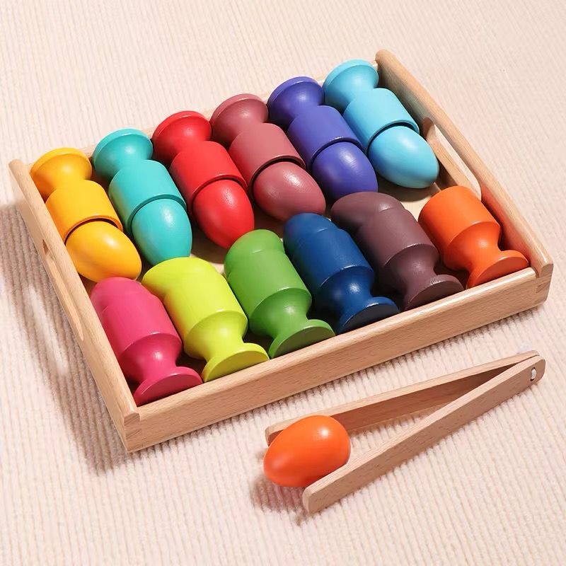 Montessori wooden eggs and cups fully arranged in tray for toddler color matching and hand coordination activity