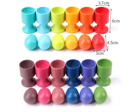 Montessori wooden eggs and cups showing size dimensions and color matching set for toddler fine motor development