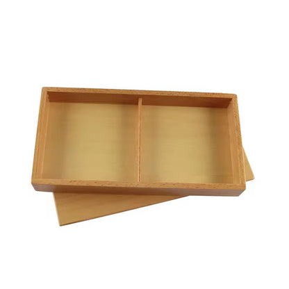 Montessori wooden fabric box tray with two compartments and removable lid for tactile learning materials