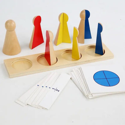 Montessori fraction skittles complete set with wooden skittles, fraction circles, base board, and control cards for hands-on math learning