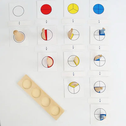 Montessori fraction skittles learning sequence displaying fraction progression using wooden skittles and fraction circle cards