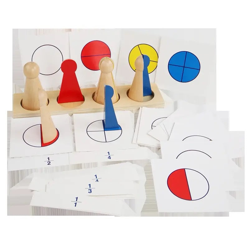 Montessori fraction skittles showing halves, thirds, and quarters matched with illustrated control cards for fraction concepts