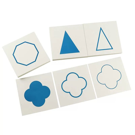 Montessori geometric cabinet 3-part classification cards showing filled, outlined, and frame shapes for sensorial learning