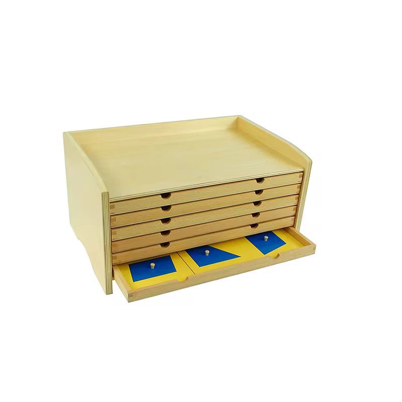 Montessori geometric cabinet with six wooden drawers and blue geometric insets for shape classification