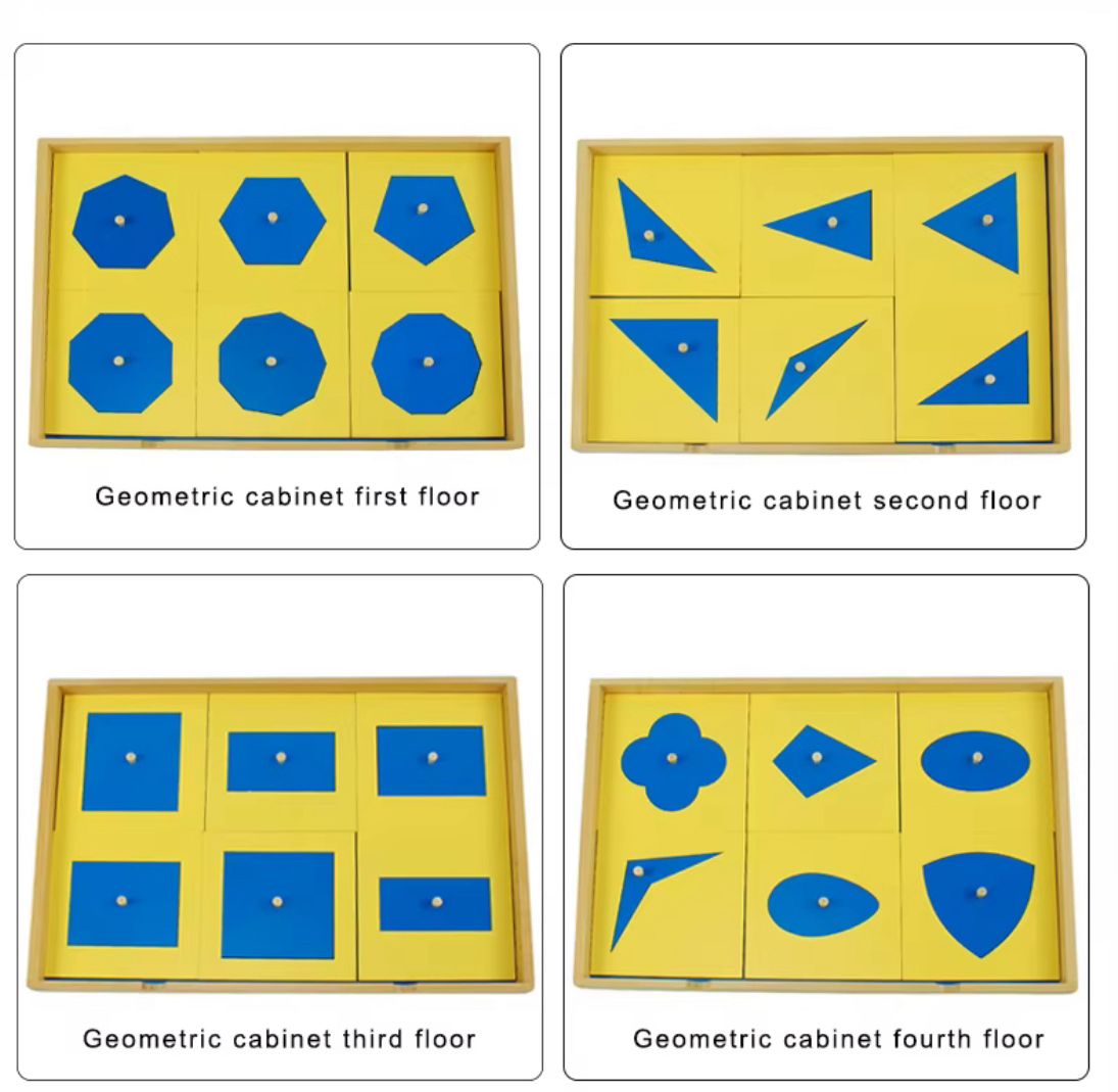 Six Montessori geometric cabinet trays showing different blue shape insets on yellow boards
