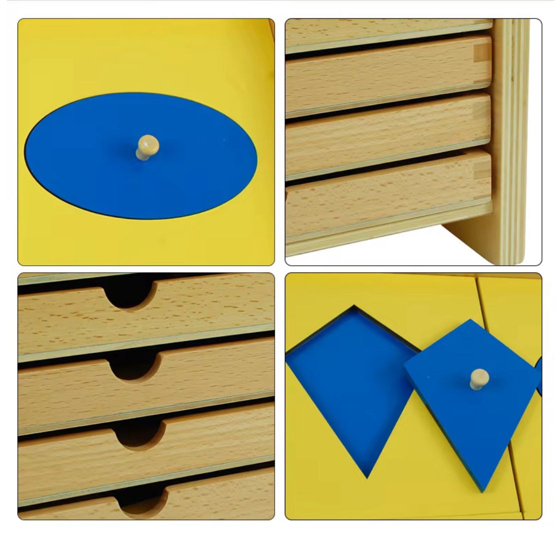 Montessori geometric cabinet sixth drawer featuring quadrilateral shape insets for classroom use