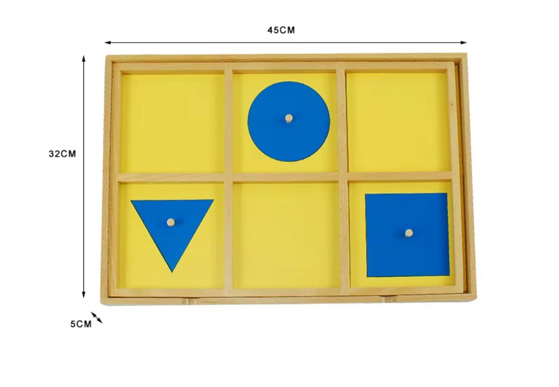 Montessori geometric demonstration tray with product dimensions displayed for classroom use