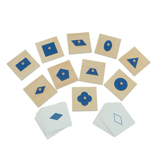 Top view of Montessori geometric insets set with ten wooden inset frames and matching blue geometric shapes arranged in a semi-circle.