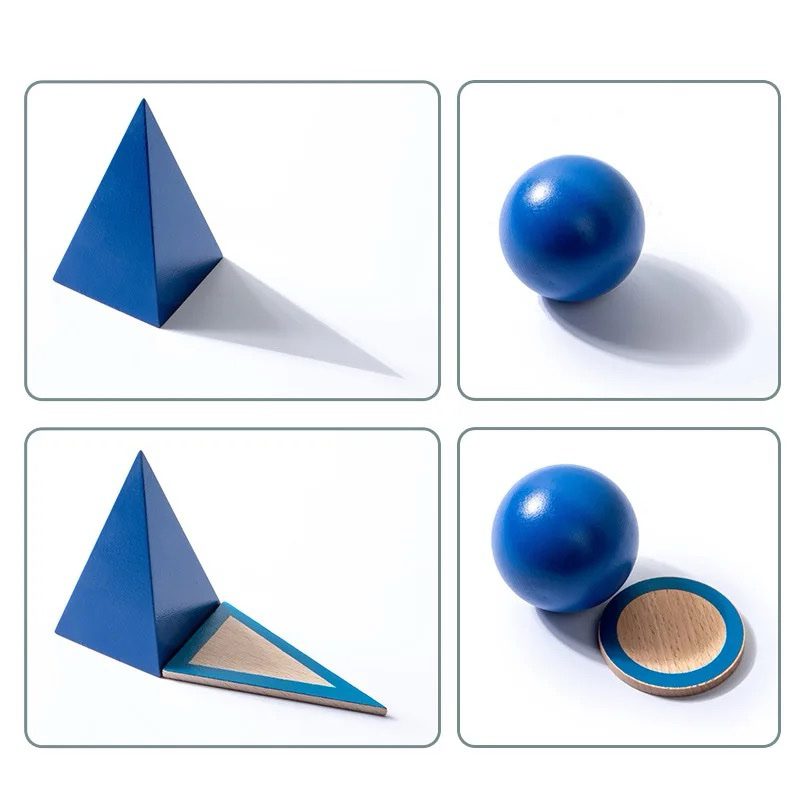 Close-up of Montessori geometric solids including a pyramid, sphere, and cone with their matching wooden bases