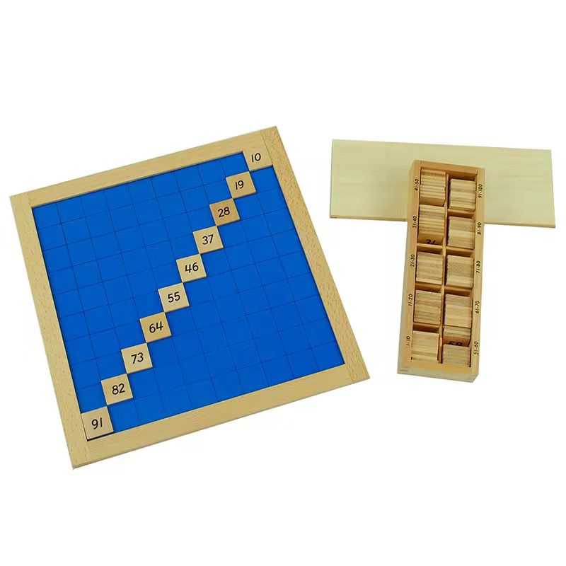 Montessori Hundred Board blue grid showing diagonal number placement with wooden storage box for tiles