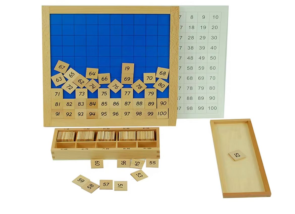 Montessori Hundred Board showing number tiles scattered for sequencing activity with control chart and tile box