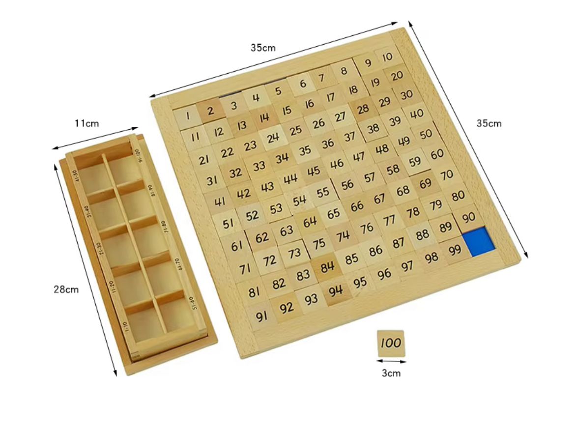Montessori Hundred Board with measurement dimensions, wooden number box, and single number tile