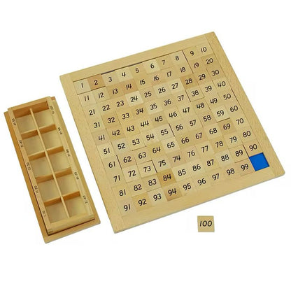 Montessori Hundred Board arranged with number box and individual 100 tile for counting practice