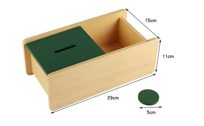 Montessori imbucare box with flip lid showing size dimensions for toddler fine motor and object permanence work