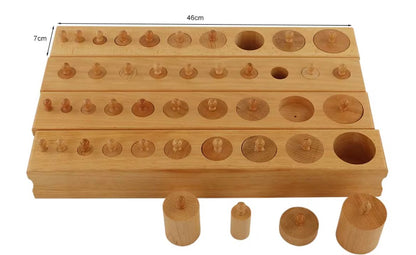 Close-up view of Montessori knobbed cylinders inserted in wooden blocks
