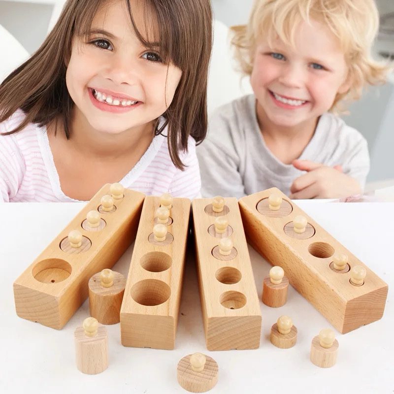 Children engaging with Montessori knobbed cylinders mini set made of natural wood for early learning.