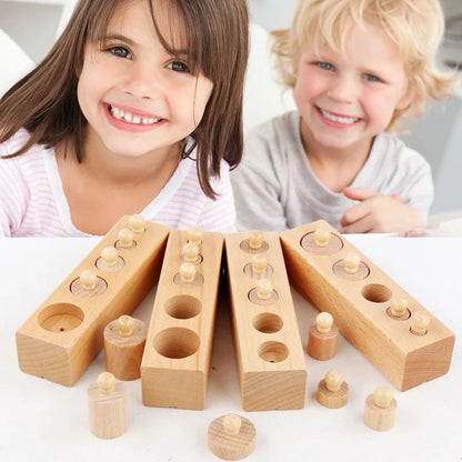 Children engaging with Montessori knobbed cylinders mini set made of natural wood for early learning.