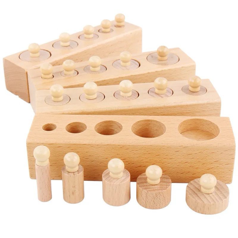 Montessori knobbed cylinders mini set with natural wooden blocks and matching cylinders.