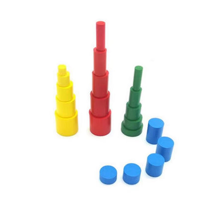 Stacked knobless cylinders in Montessori style showing height progression by color.