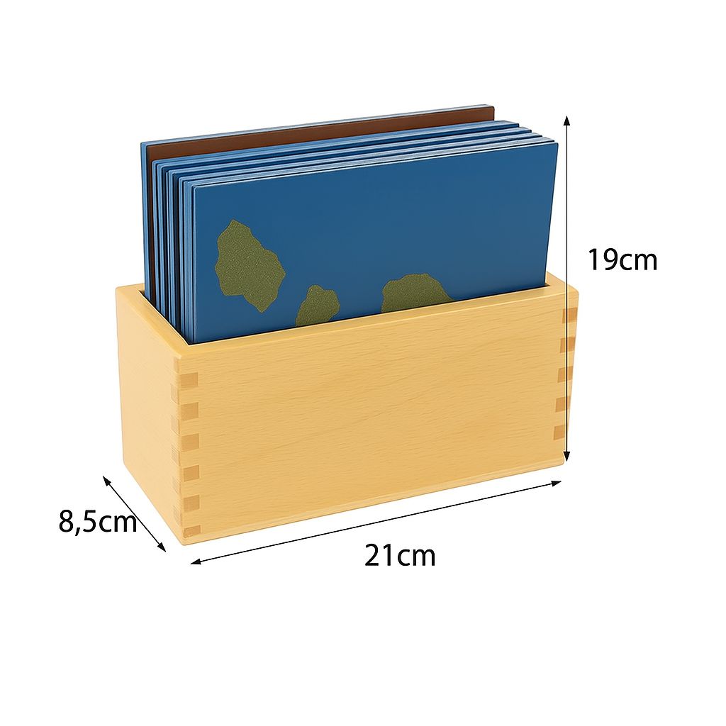 Montessori wooden storage box holding land and water form sandpaper cards with size dimensions shown
