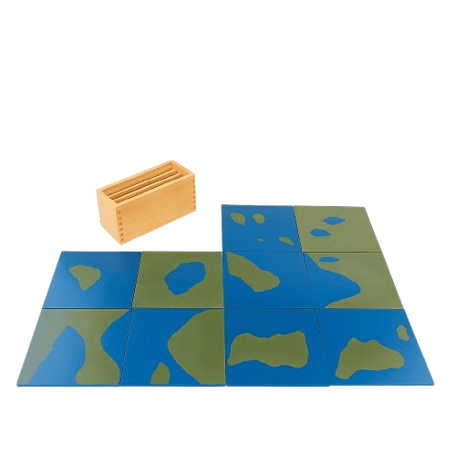 Complete Montessori land and water form sandpaper geography set showing multiple landform cards laid out