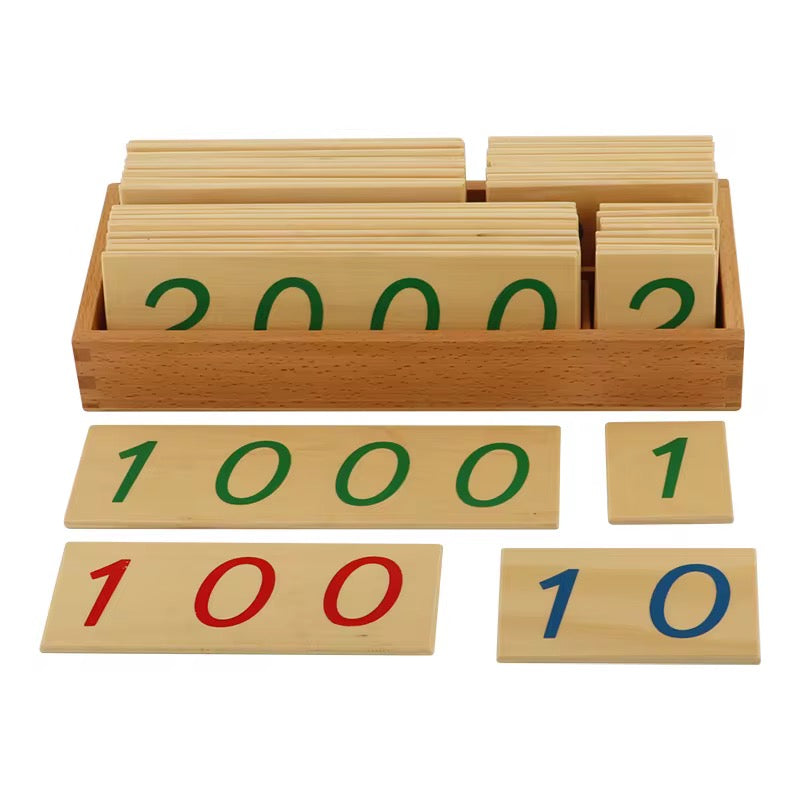 Montessori large wooden number cards set with color-coded place value cards arranged in a wooden storage box.