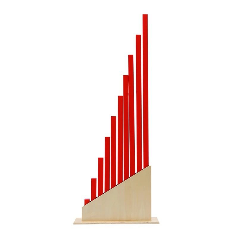 Montessori Long Red Rods arranged vertically on a wooden base for sensorial length comparison.