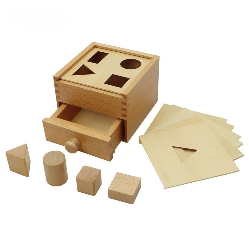 Montessori mailbox with shape sorting complete set including wooden box, geometric solids and shape control cards for toddler learning
