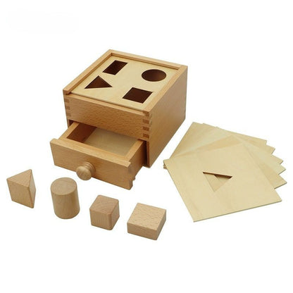 Montessori mailbox with shape sorting complete set including wooden box, geometric solids and shape control cards for toddler learning