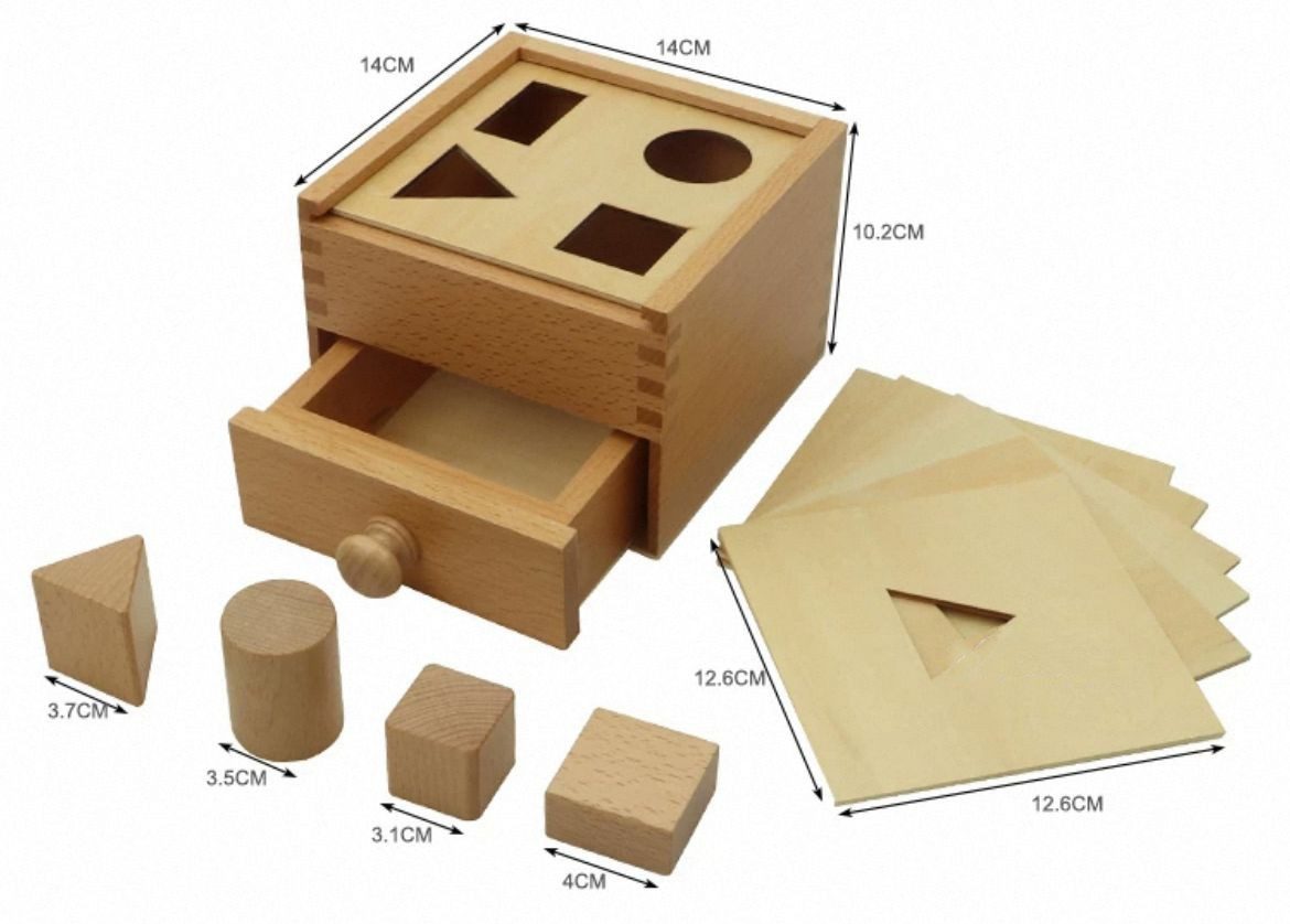 Montessori mailbox with shape sorting showing size dimensions and included geometric solids for toddler fine motor development