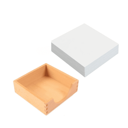 Montessori metal inset paper box with a stack of square inset drawing papers.