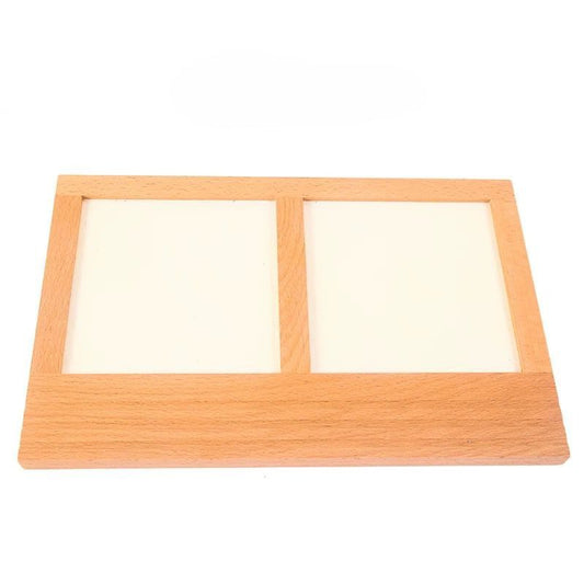 Wooden Montessori metal inset tracing tray with two rectangular slots for holding inset papers, designed for handwriting and fine motor practice.