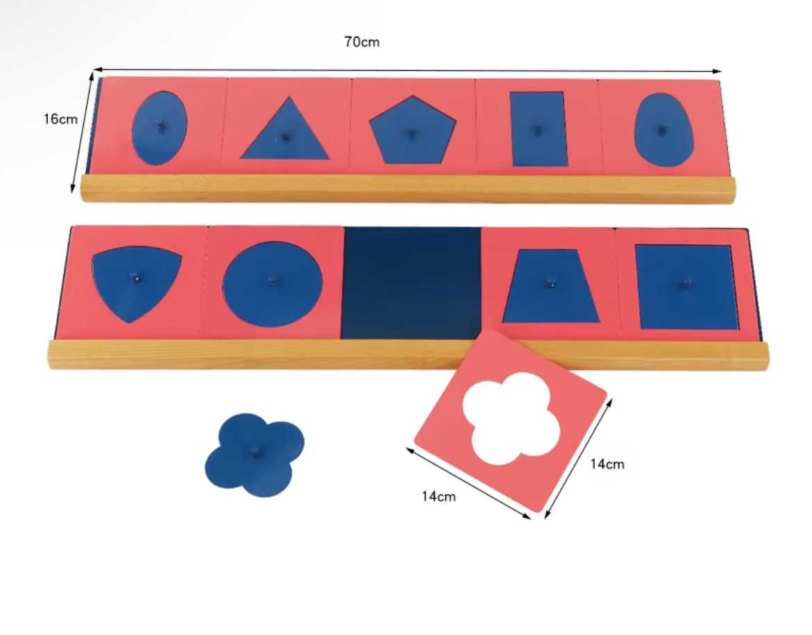 Montessori metal insets with stand showing product dimensions and layout for classroom use.