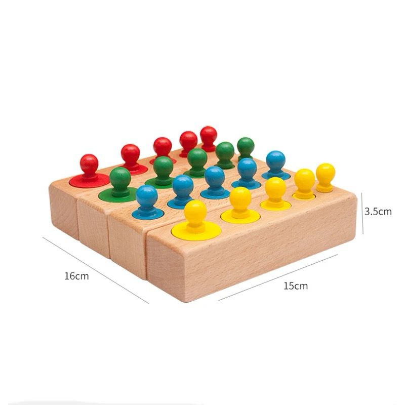 Montessori mini colored knobbed cylinders set showing dimensions and size progression on wooden base