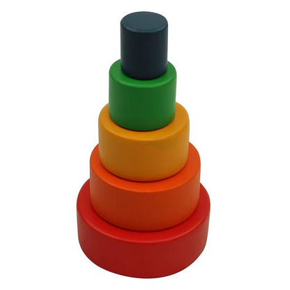Montessori nesting and stacking wooden bowls arranged in vertical tower for toddler size discrimination and hand coordination