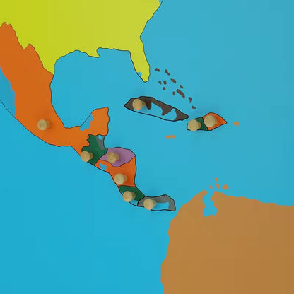 Close-up of Montessori North America puzzle map highlighting Central America and Caribbean islands with wooden knobbed pieces