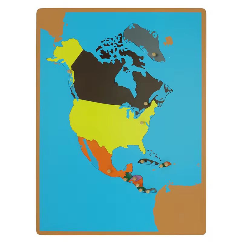 Wooden Montessori North America puzzle map showing countries and regions with color-coded pieces on a blue background