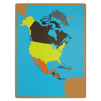 Wooden Montessori North America puzzle map showing countries and regions with color-coded pieces on a blue background