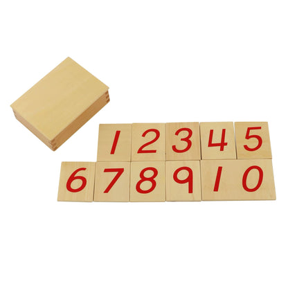 Wooden Montessori number cards arranged from 1 to 10 with red numerals.