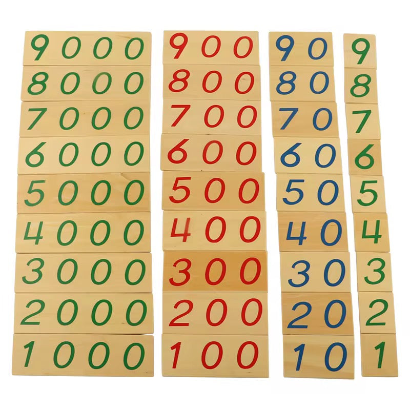Full set of Montessori wooden number cards from 1 to 9000 showing units, tens, hundreds, and thousands