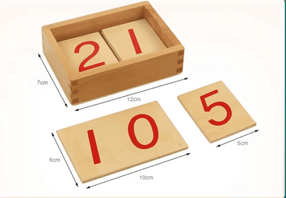 Size chart showing Montessori wooden number cards and storage box with measurements.