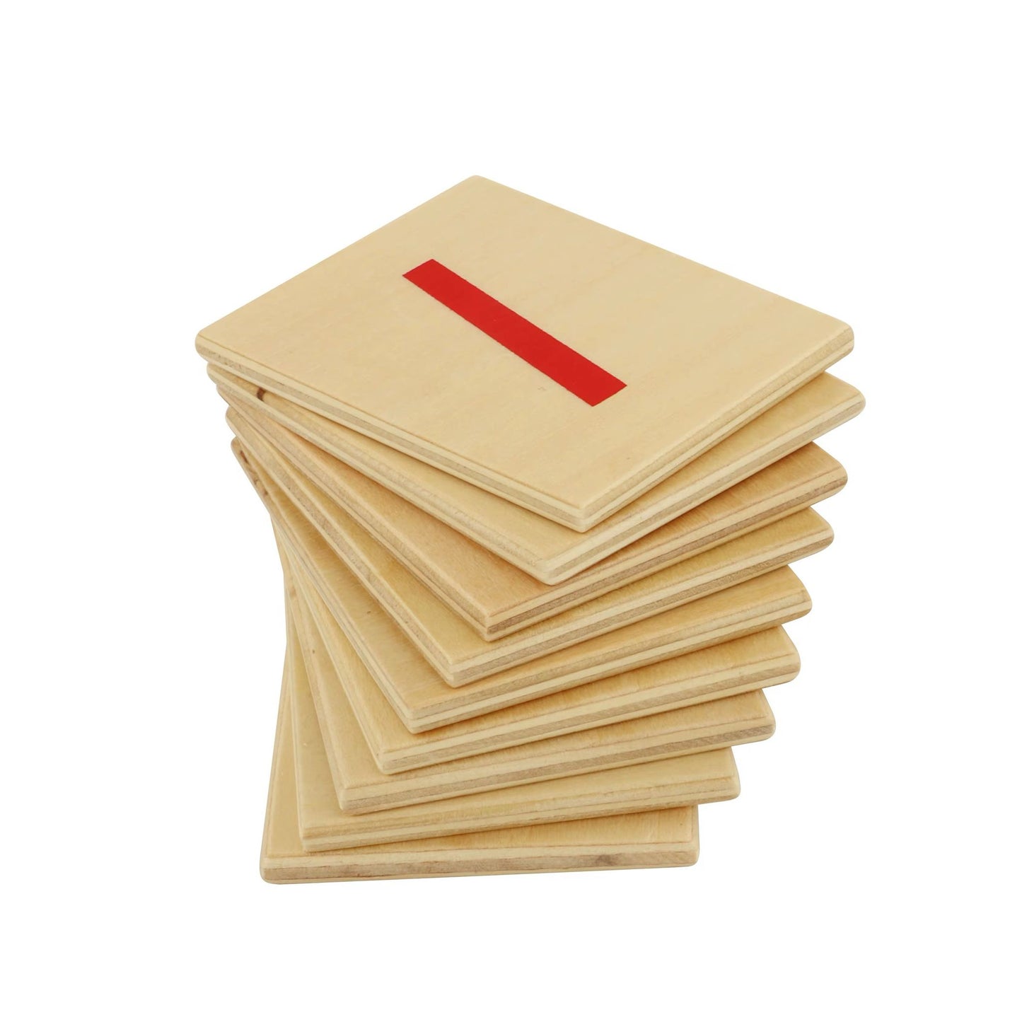 A stacked pile of wooden Montessori number cards featuring red numerals.