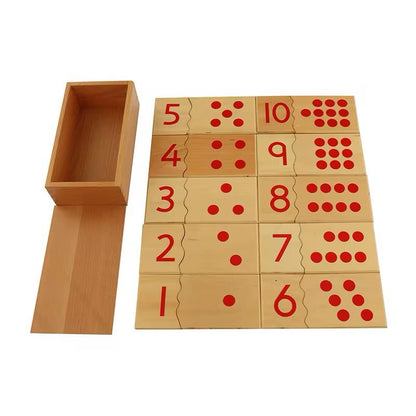 Wooden Montessori number puzzle set showing numbers 1–10 with matching red dot quantities arranged beside an open wooden storage box.
