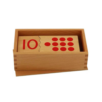 Montessori number puzzle cards neatly stored inside a wooden box with the number 10 card visible on top.
