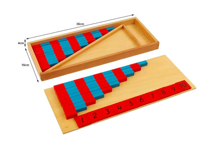 Size chart of Montessori mini number rods showing tray dimensions and rod lengths from 1 to 10.