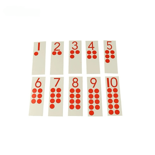 Montessori numerals and counters control cards showing numbers 1 to 10 with corresponding red dot quantities for visual counting practice.