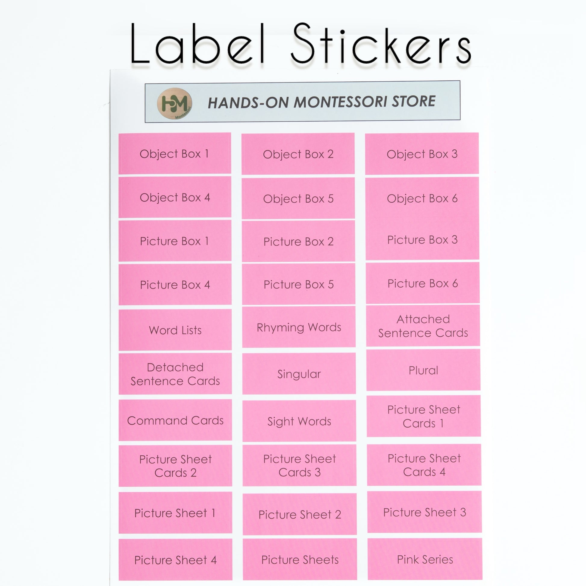 Montessori Pink Series label stickers for organizing object boxes, picture boxes, command cards, and sentence materials.