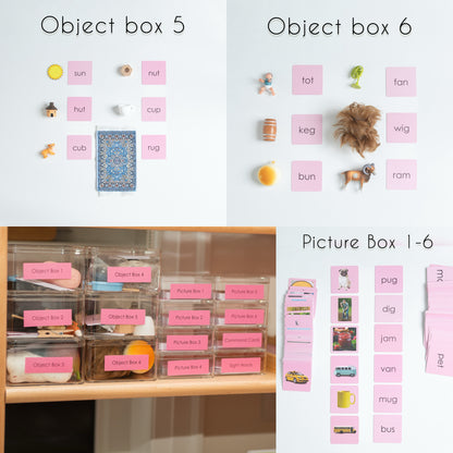 Montessori Pink Series Object Boxes 5 and 6 with Picture Boxes 1–6 organized with phonetic word cards and objects